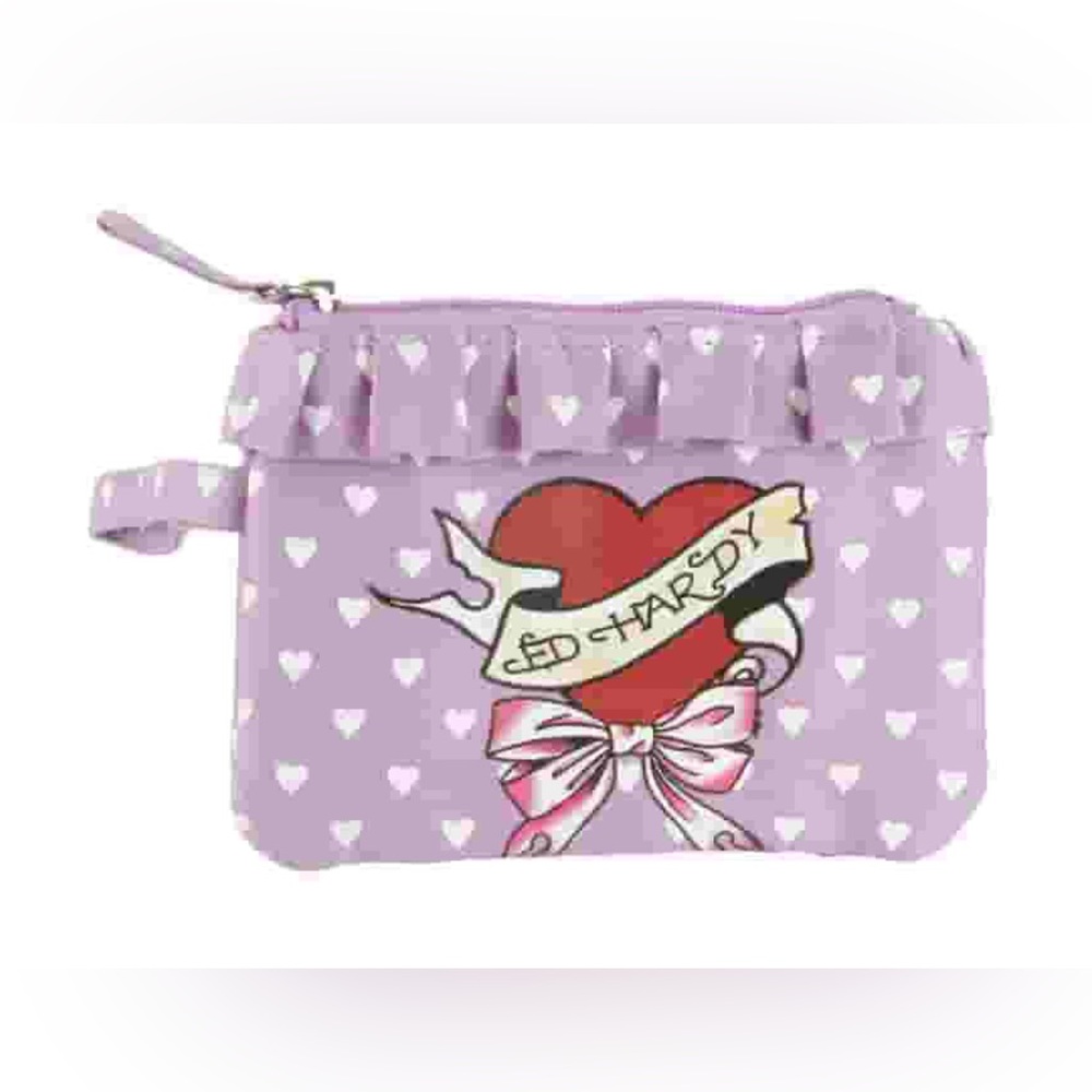 NWT Ed Hardy Kids Heart Pouch - Canvas Lavender and Red